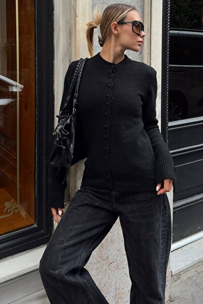 Swist Black Coated Buttoned Crew Neck Ribbed Women's Knitwear Cardigan