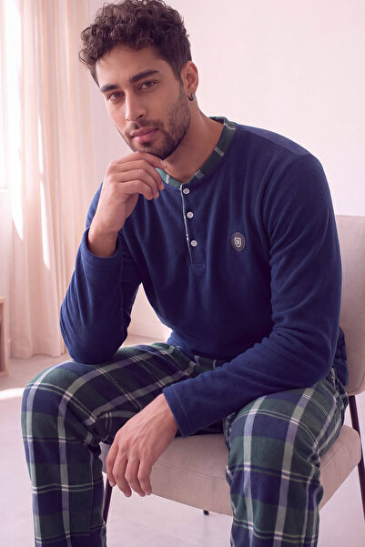 Pijamaevi Yeşil Lacivert Ekose Desenli Polar Erkek Pijama Takımı