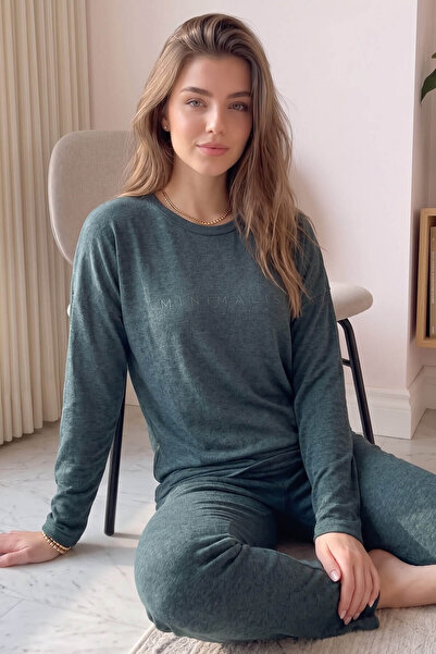 Pijamaevi Yeşil Minimalist Baskılı Bambu Uzun Kol Kadın Pijama Takımı