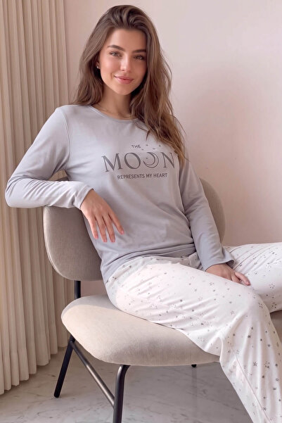 Pijamaevi Gri Moon Desenli Uzun Kollu Bambu Örme Kadın Pijama Takımı