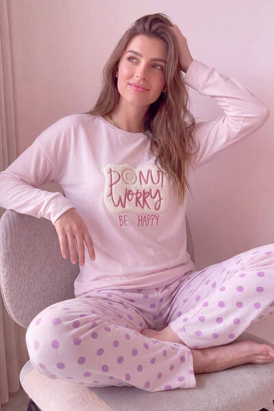 Pijamaevi Toz Pembe Donut Worry Desenli Termal Kadın Pijama Takımı