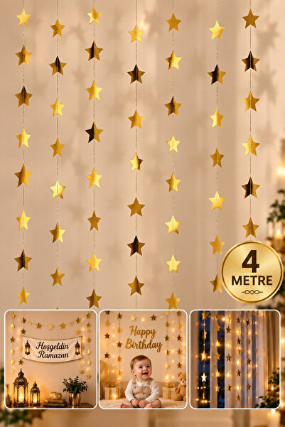 Huzur Party Store Parlak Yıldız Gold Altın Süs İpe Dizili 4 Metre Uzayan Part...