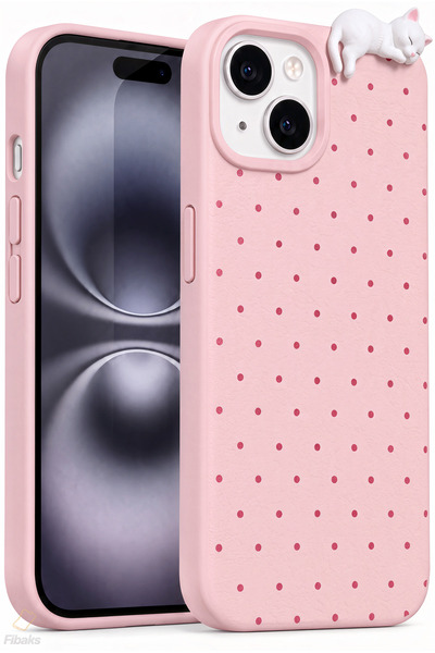 Fibaks iPhone 13 / 14 / 15 Kılıf 3D Kedi Pembe Puantiye Noktalı Figürlü Kamer...
