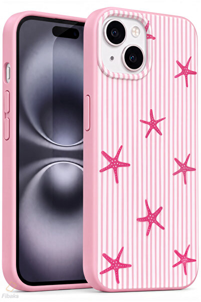 Fibaks iPhone 13/14/15 Kılıf Pembe Deniz Yıldızı Desenli Kadifemsi Soft Touch...