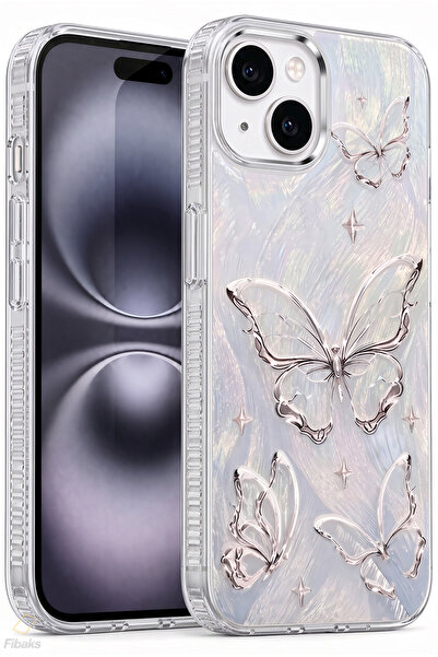 Fibaks iPhone 13/14/15 Kılıf Tüylü Hologram Kelebek Desenli Darbe Emici Kamer...