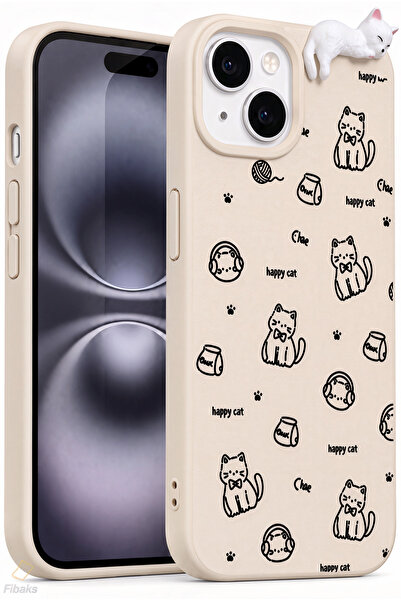 Fibaks iPhone 13/14/15 Kılıf 3D Uyuyan Kedi Figürlü Happy Cat Desenli Darbe E...