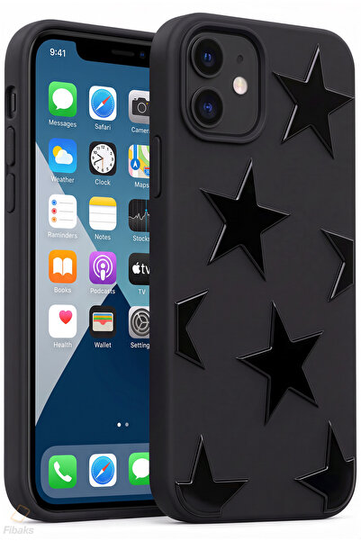 Fibaks iPhone 12 / 12 Pro Kılıf Siyah Yıldız Star Desenli Silikon Darbe Emici...