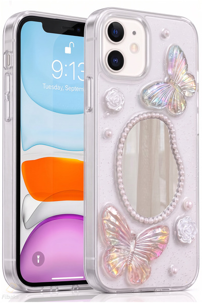Fibaks iPhone 11 Kılıf 3D Kelebek Gül Desenli Aynalı Simli Şeffaf Tasarımlı S...