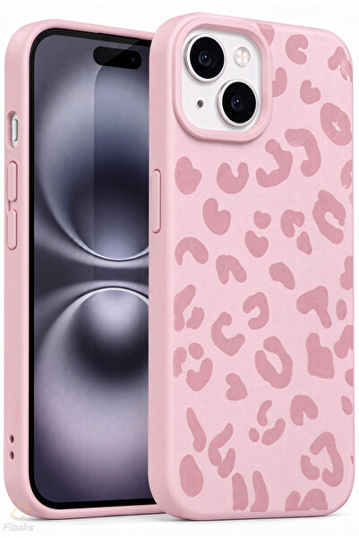Fibaks iPhone 14 Plus/15 Plus Kılıf Pembe Leopar Desenli İnce Yumuşak Silikon