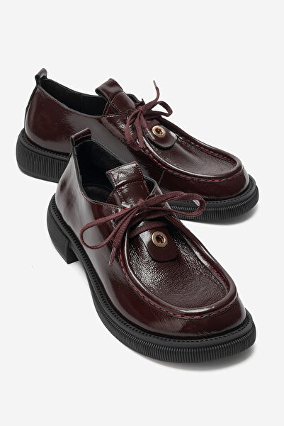 LuviShoes BAND Bordo Kırışık Rugan Hakiki Deri Bağcıklı Kadın Loafer Ayakkabı