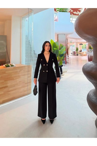 Female Clothing Feme Clothing Black Buttoned Blazer Jacket Stretchy Trousers Stylish Women's Suit