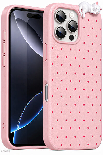 Fibaks iPhone 16 Pro Max Kılıf 3D Kedi Pembe Puantiye Noktalı Figürlü Kamera ...