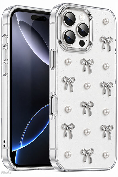Fibaks iPhone 16 Pro Max Kılıf Fiyonk Desenli Şeffaf Simli Gümüş Kamera Çıkın...