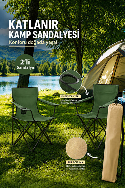 Walke 2 Li Katlanabilir Kamp Sandalyesi Piknik Sandalyesi Plaj Sandalyesi Yeş...