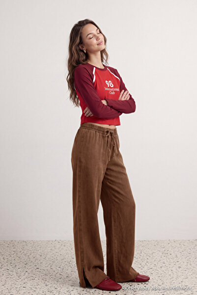 Trendyol Collection Dark Brown Wide-Leg Thin Knit Jogger Pants with Faded Eff...
