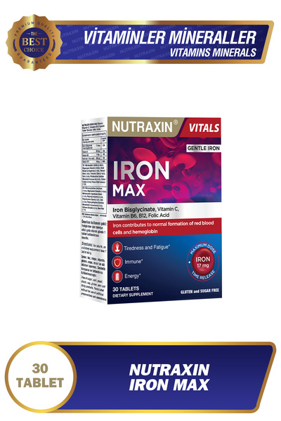 Nutraxin Iron Max 17 Mg 30 Tablet - Gentle Iron, Vitamin C, B12, B6, Folik Asit