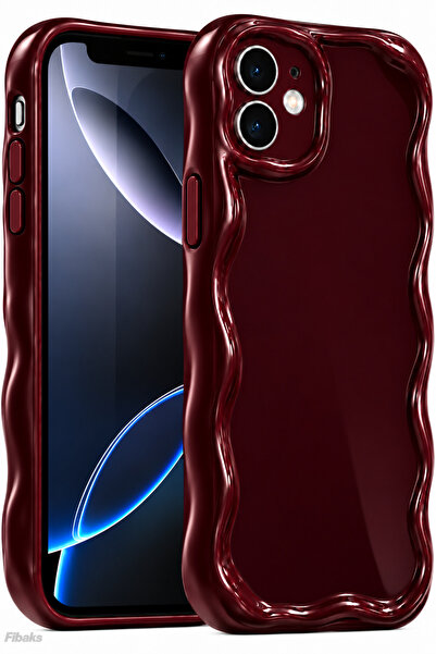 Fibaks iPhone 12 Kılıf Kamera Korumalı Dalga Kenarlı Darbe Emici Bordo Siliko...