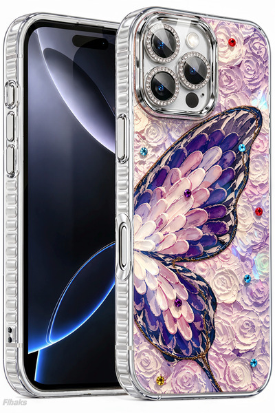 Fibaks iPhone 16 Pro Kılıf Renk Geçişli Taşlı Kamera Lens Korumalı Simli Mor ...