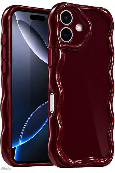 Fibaks iPhone 16 Plus Kılıf Kamera Korumalı Dalga Kenarlı Darbe Emici Bordo S...