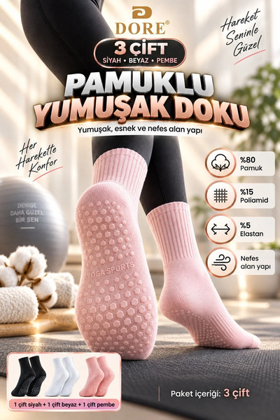 Dore Orijinal 3 Çift Unisex Premium Ultra Safe Kaydırmaz Taban Ter Emici Havl...