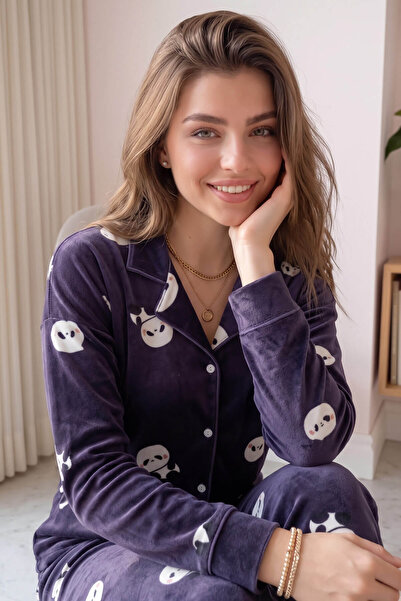 Pijamaevi Mor Pengiu Desenli Exclusive Önden Düğmeli Kadife Kadın Pijama Takımı