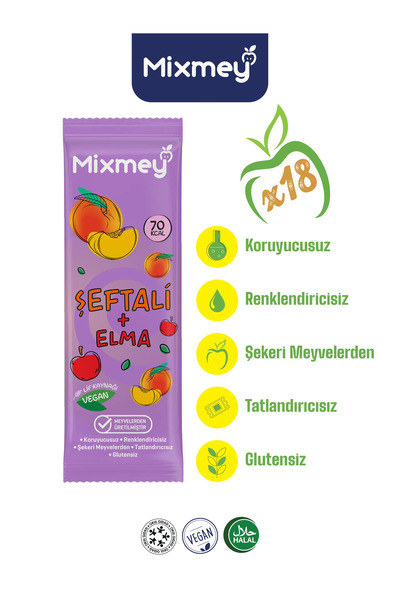 mixmey Şeftali Meyve Barı 18 Adet | Sağlıklı Atıştırmalıklar – Vegan, Glutens...