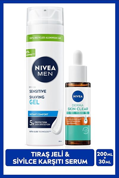 NIVEA MEN Erkek Hassas Tıraş Jeli 200ml Ve Derma Skin Clear Karşıtı Serum 30m...