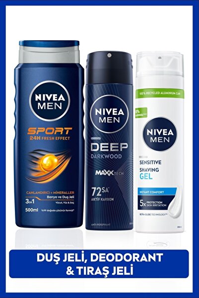 NIVEA MEN Erkek Bakım Seti, Sprey Deodorant 150ml, Duş Jeli 500ml ve Hassas T...