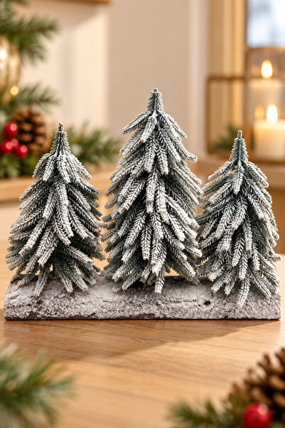 Huzur Party Store 3-Piece Luxury Table Pine 40X30 cm Snowy Real Tree Look Chr...