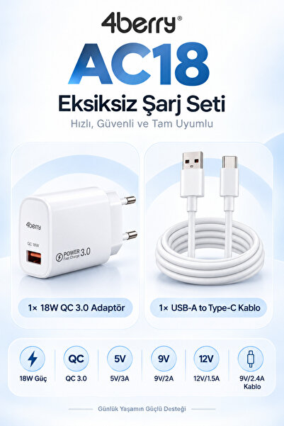 4 Berry AC18 ECO Bundle 18W Hızlı Şarj Cihazı + USB-A to Type-C Kablo , QC 3....