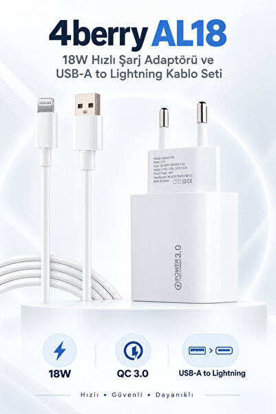 4 Berry AL18 ECO Bundle 18W Hızlı Şarj Cihazı + USB-A to Lightning Kablo | QC...