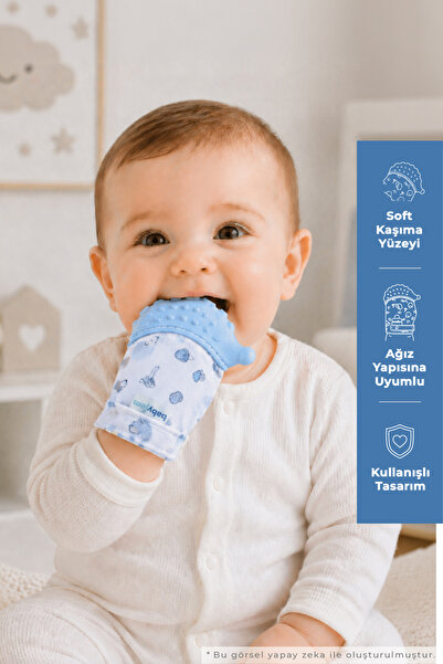Babyjem Hışırtılı Silikon Diş Kaşıyıcı Eldiven Kirpi - Mavi