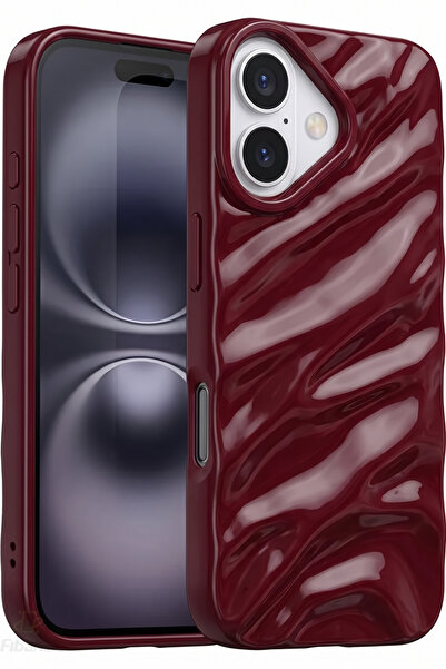 Fibaks iPhone 16 Kılıf Parlak Kabartmalı Dalga Tasarımlı Desenli Mürdüm Darbe...