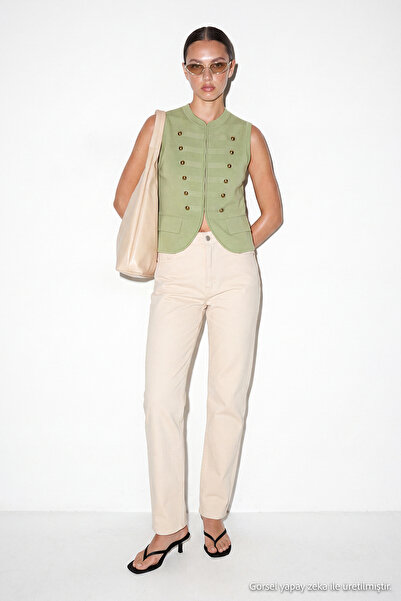 Drop by TrendyolMilla Ecru uski kroj, visoka struka, srednje visine, lycra de...