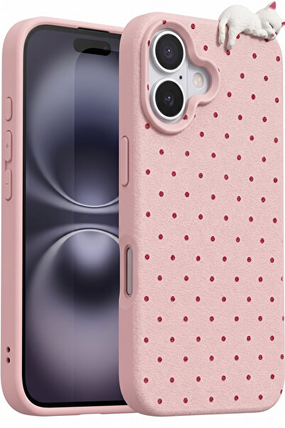 Fibaks iPhone 16 Kılıf 3D Kedi Pembe Puantiye Noktalı Figürlü Kamera Korumalı...