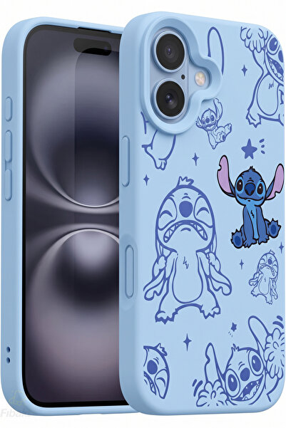 Fibaks iPhone 17 Kılıf Stitch Desenli Bebe Mavi Kadifemsi Soft Touch Silikon ...