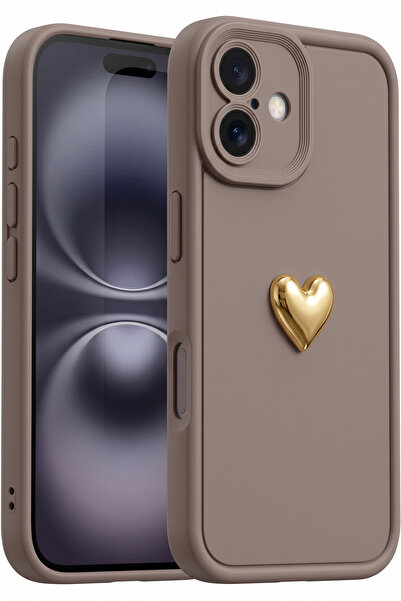 Fibaks iPhone 16 Kılıf 3D Kalp Tasarımlı Kahverengi Desenli Yumuşak Kamera Ko...
