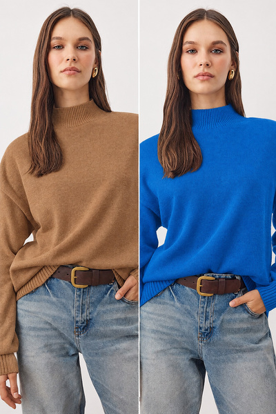 Trendyol Collection سترة تريكو أساسية باللونين الأزرق والبيج من مجموعة ثنائية...