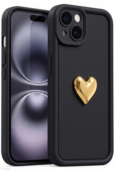Fibaks iPhone 13/14 Kılıf 3D Kalp Tasarımlı Siyah Desenli Yumuşak Kamera Koru...