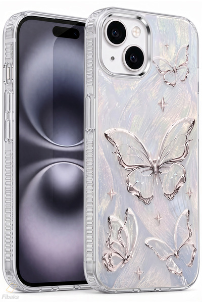 Fibaks iPhone 14 Plus/15 Plus Kılıf Parlak Hologramlı Kelebek Desenli Darbe E...