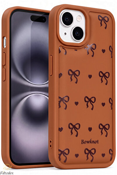 Fibaks iPhone 14 Plus/15 Plus Kılıf Yumuşak Dokulu Fiyonk Desenli Kahverengi ...