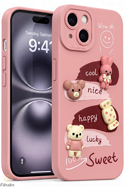 Fibaks iPhone 13/14 Kılıf Tasarımlı Desenli Kamera Korumalı Tavşan Pembe Yumu...