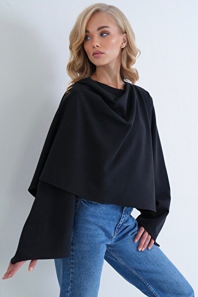 Trend Alaçatı Stili Women's Navy Blue Crew Neck Self Wrap Detail Wide Cut Des...