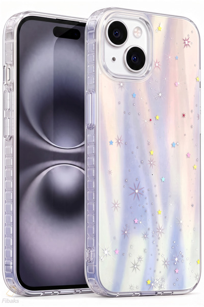 Fibaks iPhone 13/14/15 Kılıf Hologramlı Yıldız Işıltısı Desenli Şeffaf Siliko...
