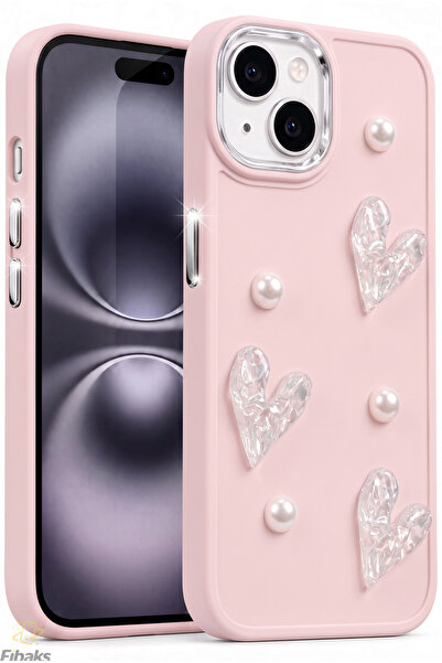 Fibaks iPhone 13/14/15 Kılıf Kamera Çıkıntılı Fiyonk Inci Desenli Pembe Yumuş...