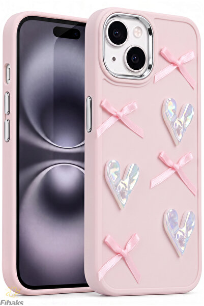 Fibaks iPhone 13/14/15 Kılıf Kamera Çıkıntılı Kalpli Fiyonk Desenli Pembe Yum...
