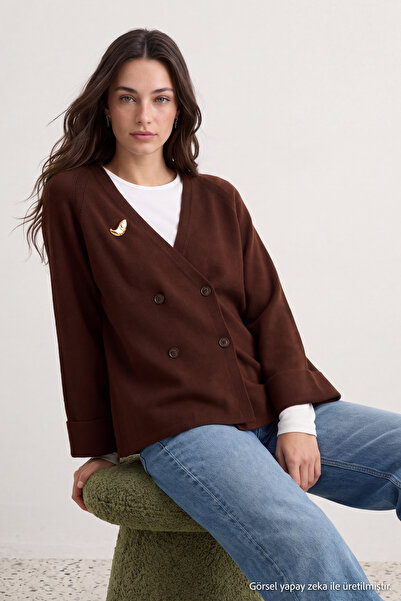 Trendyol Modest Brown Double-Breasted Collar Brooch Detailed Knitwear Hijab C...