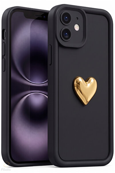 Fibaks iPhone 11 Kılıf 3D Kalp Tasarımlı Siyah Desenli Yumuşak Kamera Korumal...