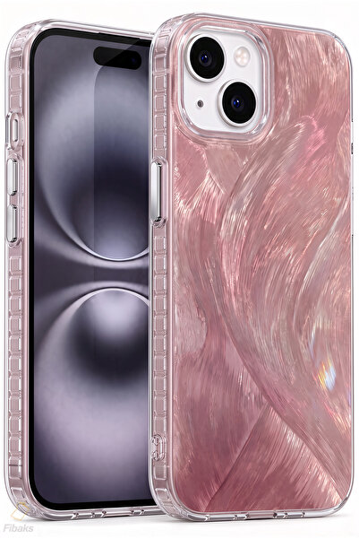 Fibaks iPhone 13/14/15 Kılıf Tüy Ebru Desenli Darbe Emici Rose Renkli Silikon...
