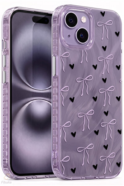 Fibaks iPhone 13/14/15 Kılıf Hologramlı Siyah Kalp Mor Fiyonk Desenli Darbe E...
